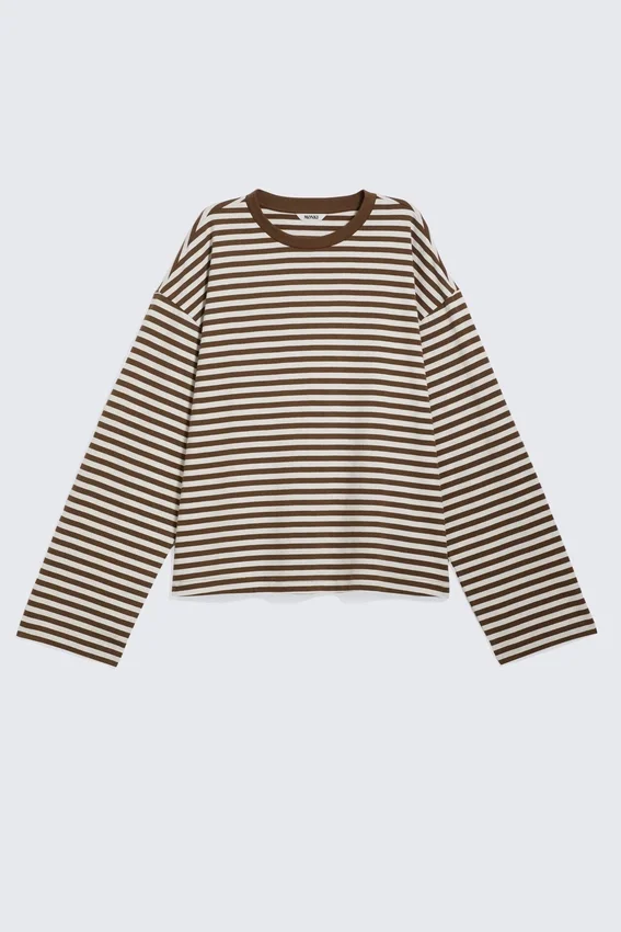 Long-Sleeved Cotton T-Shirt – Brown & White Stripes Long-Sleeved Cotton T-Shirt – Brown & White Stripes