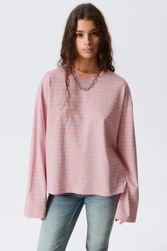 Long-Sleeved Cotton T-Shirt – Coral/Lilac Stripes Long-Sleeved Cotton T-Shirt – Coral/Lilac Stripes