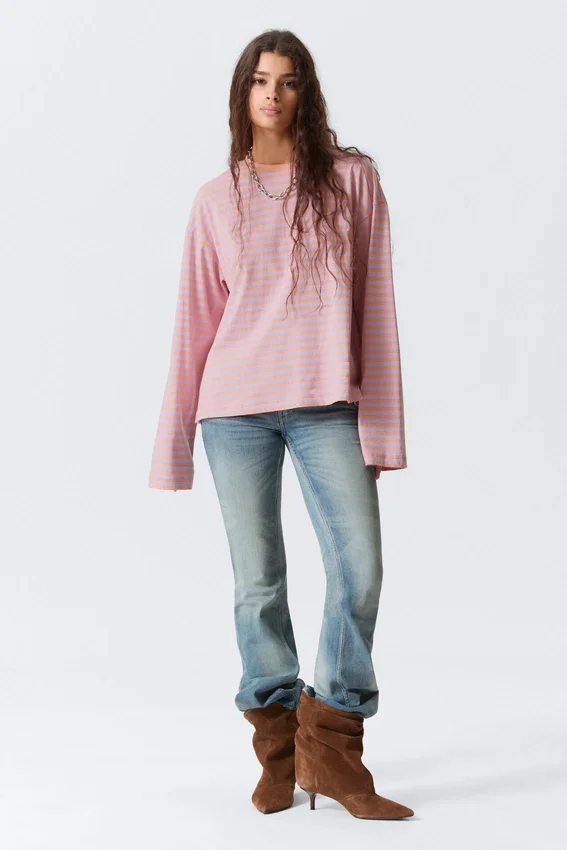 Long-Sleeved Cotton T-Shirt – Coral/Lilac Stripes Long-Sleeved Cotton T-Shirt – Coral/Lilac Stripes