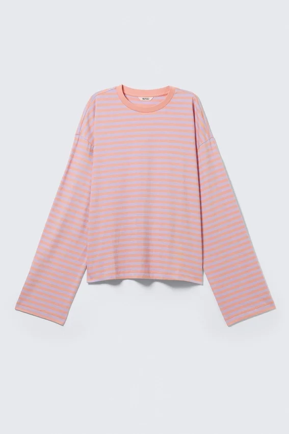 Long-Sleeved Cotton T-Shirt – Coral/Lilac Stripes Long-Sleeved Cotton T-Shirt – Coral/Lilac Stripes