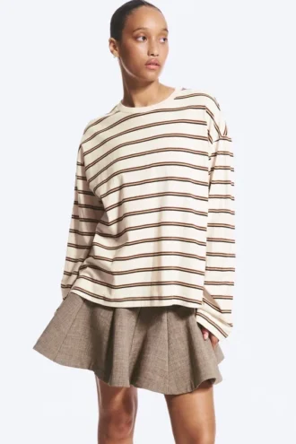 Long-Sleeved Cotton T-Shirt – Dusty White – Brown Stripes