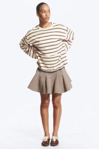 Long-Sleeved Cotton T-Shirt – Dusty White – Brown Stripes