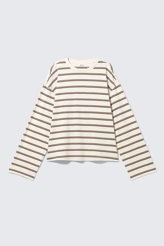Long-Sleeved Cotton T-Shirt – Dusty White – Brown Stripes Long-Sleeved Cotton T-Shirt – Dusty White – Brown Stripes
