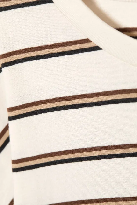 Long-Sleeved Cotton T-Shirt – Dusty White – Brown Stripes Long-Sleeved Cotton T-Shirt – Dusty White – Brown Stripes