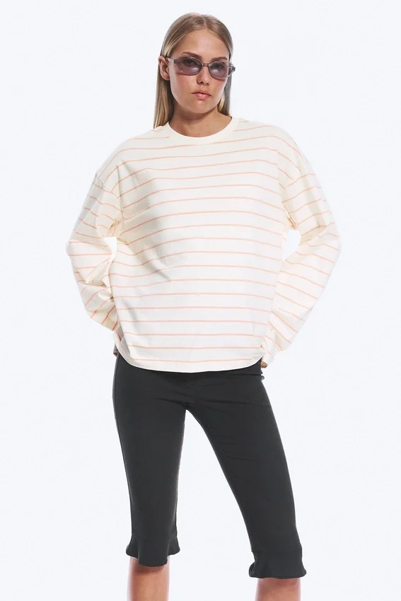 Long-Sleeved Cotton T-Shirt – Light Beige – Orange Stripe Long-Sleeved Cotton T-Shirt – Light Beige – Orange Stripe