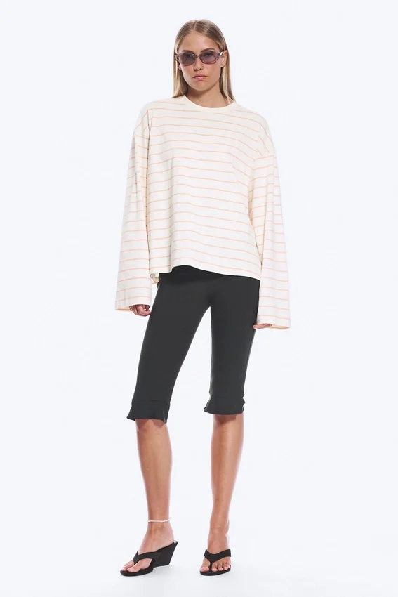 Long-Sleeved Cotton T-Shirt – Light Beige – Orange Stripe Long-Sleeved Cotton T-Shirt – Light Beige – Orange Stripe