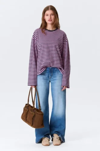 Long-Sleeved Cotton T-Shirt – Navy/Pink Stripe Long-Sleeved Cotton T-Shirt – Navy/Pink Stripe