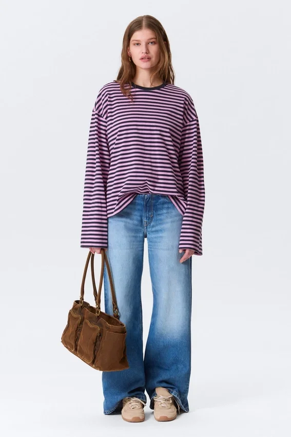 Long-Sleeved Cotton T-Shirt – Navy/Pink Stripe Long-Sleeved Cotton T-Shirt – Navy/Pink Stripe