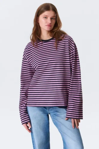 Long-Sleeved Cotton T-Shirt – Navy/Pink Stripe Long-Sleeved Cotton T-Shirt – Navy/Pink Stripe