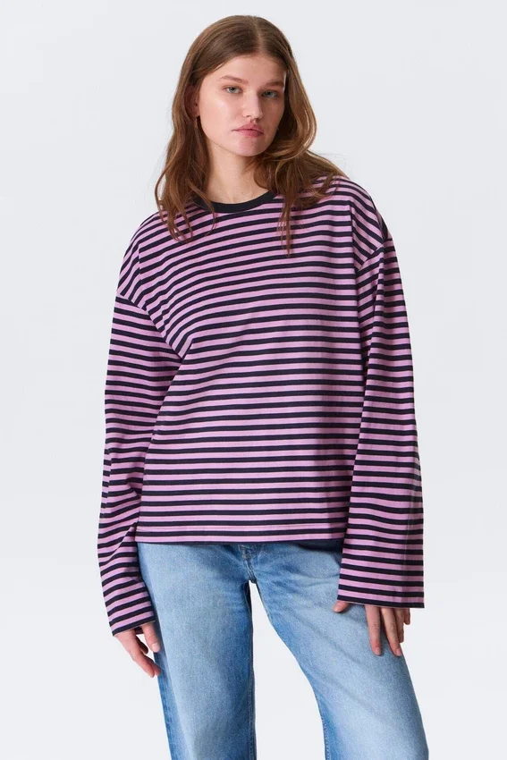 Long-Sleeved Cotton T-Shirt – Navy/Pink Stripe Long-Sleeved Cotton T-Shirt – Navy/Pink Stripe