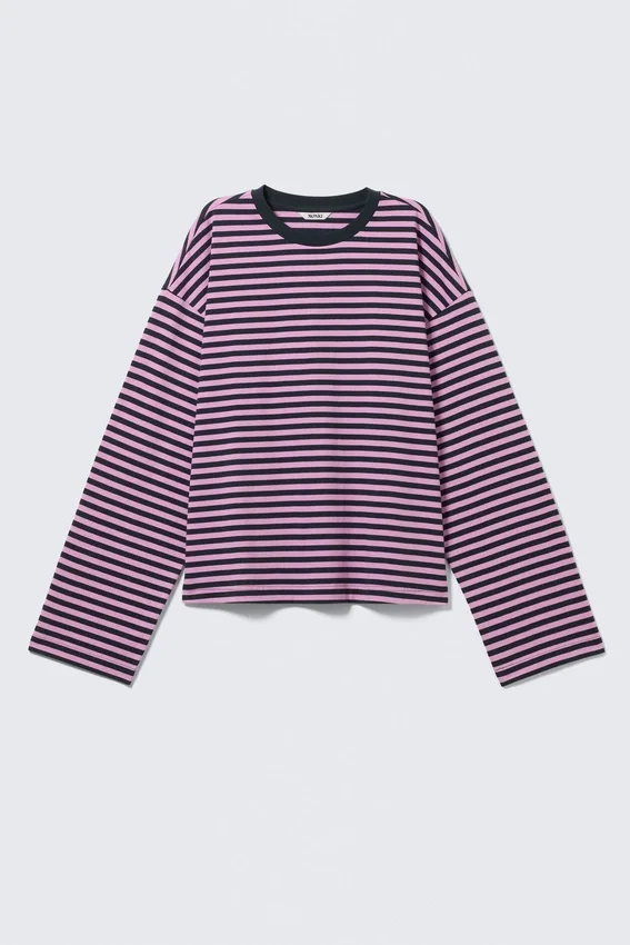 Long-Sleeved Cotton T-Shirt – Navy/Pink Stripe Long-Sleeved Cotton T-Shirt – Navy/Pink Stripe