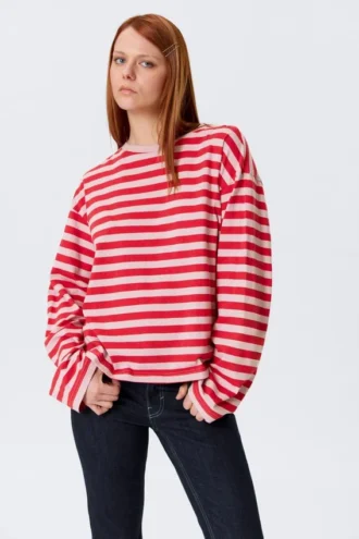 Long-Sleeved Cotton T-Shirt – Red & Pink Stripes