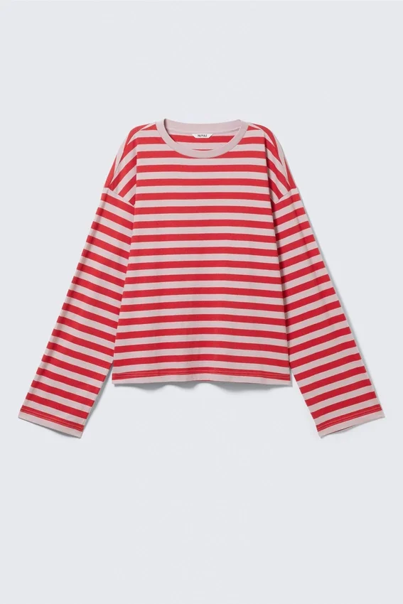 Long-Sleeved Cotton T-Shirt – Red & Pink Stripes Long-Sleeved Cotton T-Shirt – Red & Pink Stripes
