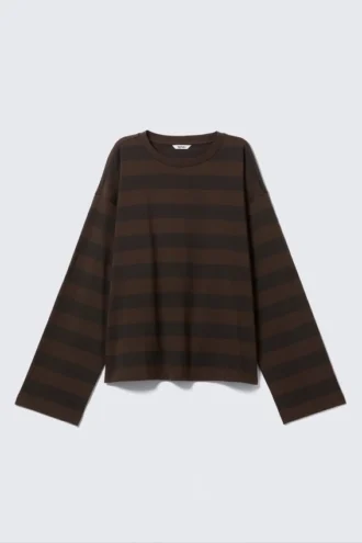 Long-Sleeved Cotton T-Shirt – Striped Dark Brown