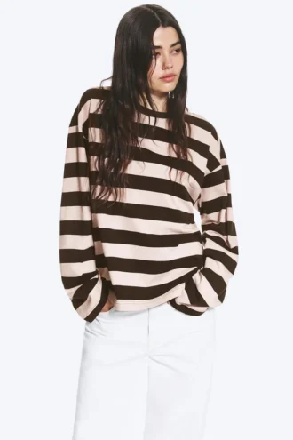 Long-Sleeved Cotton T-Shirt – Striped Dark Brown/Dusty Pink
