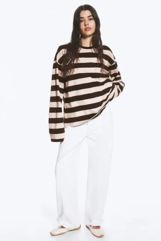 Long-Sleeved Cotton T-Shirt – Striped Dark Brown/Dusty Pink