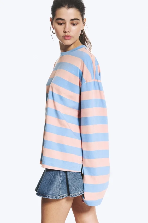 Long-Sleeved Cotton T-Shirt – Striped Pink/Blue Long-Sleeved Cotton T-Shirt – Striped Pink/Blue