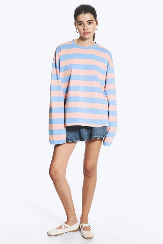 Long-Sleeved Cotton T-Shirt – Striped Pink/Blue Long-Sleeved Cotton T-Shirt – Striped Pink/Blue
