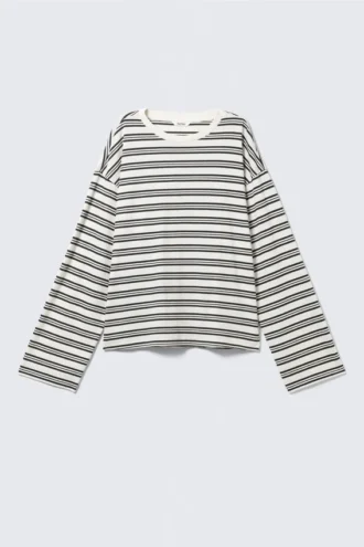 Long-Sleeved Cotton T-Shirt – White – Black Stripes