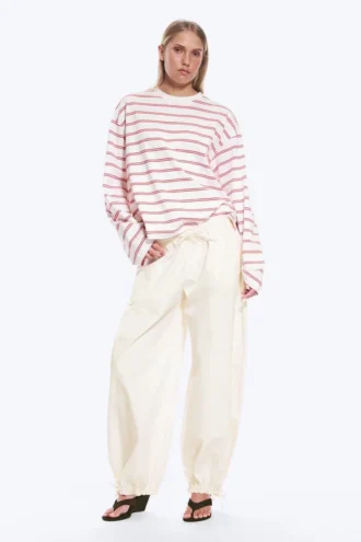Long-Sleeved Cotton T-Shirt – White – Pink/Red Stripes