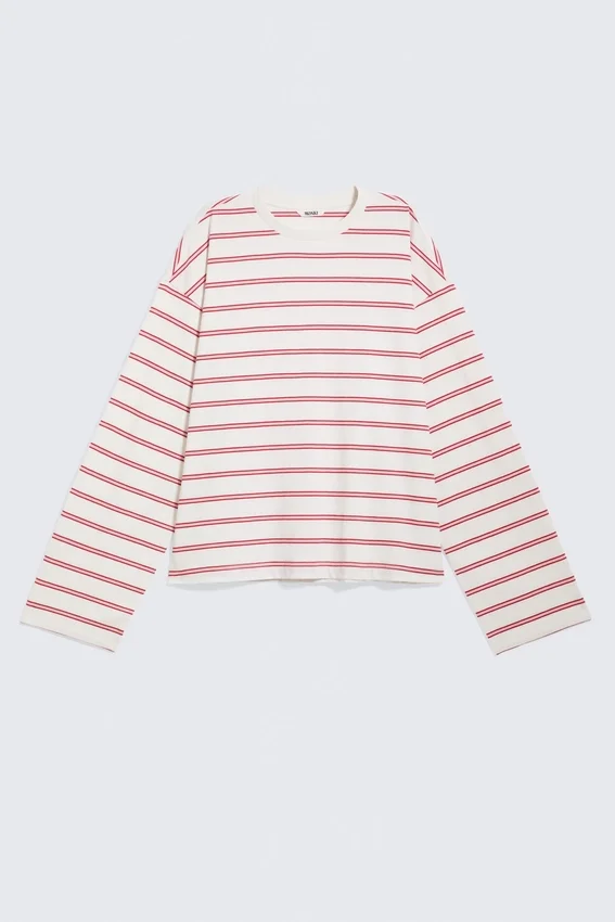 Long-Sleeved Cotton T-Shirt – White – Pink/Red Stripes Long-Sleeved Cotton T-Shirt – White – Pink/Red Stripes