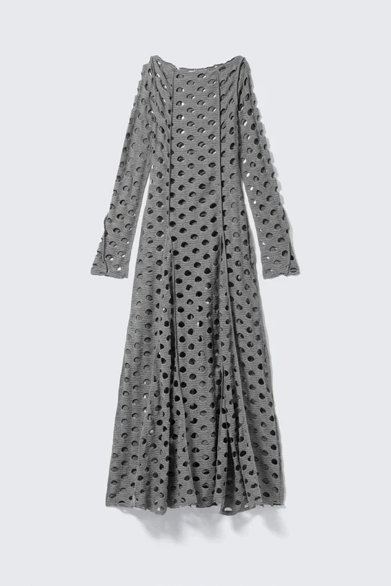 Long-Sleeved Distressed Maxi Dress – Grey Long-Sleeved Distressed Maxi Dress – Grey