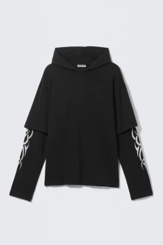 Long-Sleeved Double-Layered Oversized T-Shirt – Black – White Tribal