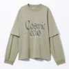 Long-Sleeved Double-Layered Oversized T-Shirt – Light Khaki – Cosmic Echo Long-Sleeved Double-Layered Oversized T-Shirt – Light Khaki – Cosmic Echo