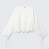 Long-Sleeved Drawstring Detail Blouse – White Long-Sleeved Drawstring Detail Blouse – White