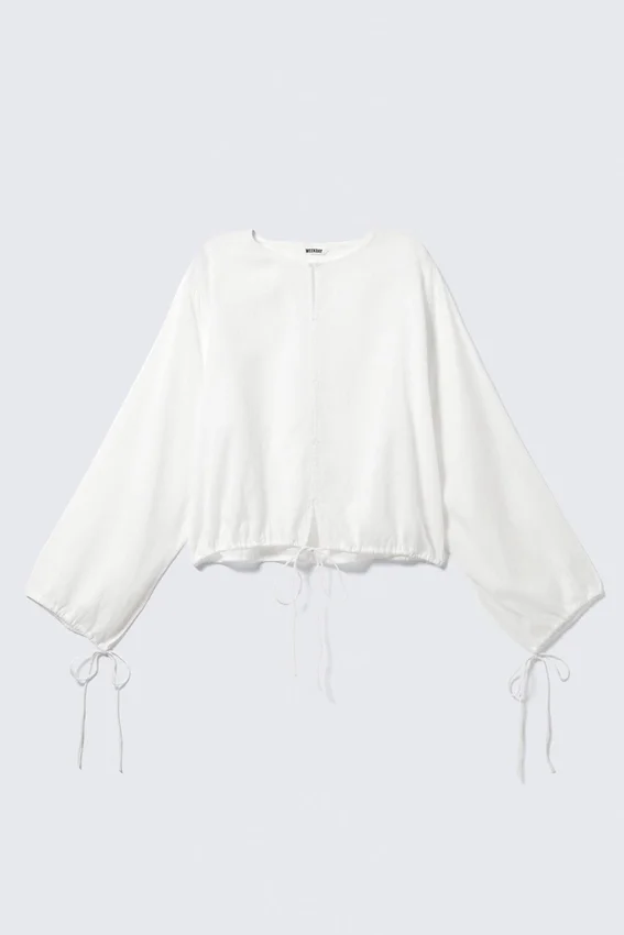 Long-Sleeved Drawstring Detail Blouse – White Long-Sleeved Drawstring Detail Blouse – White