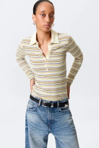 Long-Sleeved Fitted Polo Shirt – Yellow Multi Stripe