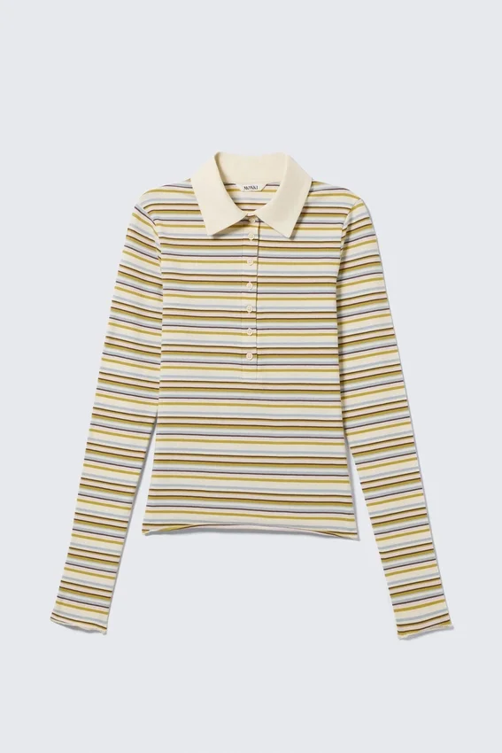 Long-Sleeved Fitted Polo Shirt – Yellow Multi Stripe Long-Sleeved Fitted Polo Shirt – Yellow Multi Stripe