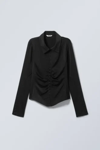 Long-Sleeved Fitted Satin Shirt – Black