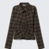 Long-Sleeved Fitted Satin Shirt – Checked Dark Brown