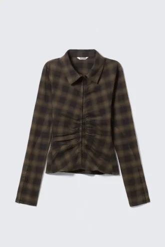 Long-Sleeved Fitted Satin Shirt – Checked Dark Brown Long-Sleeved Fitted Satin Shirt – Checked Dark Brown