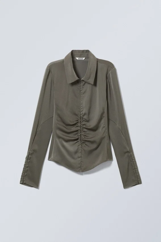 Long-Sleeved Fitted Satin Shirt – Dark Mole Long-Sleeved Fitted Satin Shirt – Dark Mole
