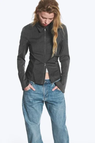 Long-Sleeved Fitted Zip Shirt – Striped Dark Grey Melange