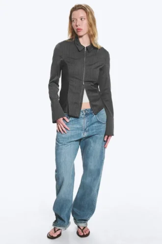 Long-Sleeved Fitted Zip Shirt – Striped Dark Grey Melange