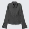 Long-Sleeved Fitted Zip Shirt – Striped Dark Grey Melange Long-Sleeved Fitted Zip Shirt – Striped Dark Grey Melange