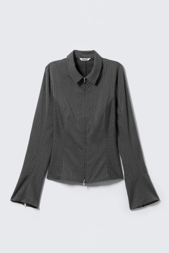 Long-Sleeved Fitted Zip Shirt – Striped Dark Grey Melange Long-Sleeved Fitted Zip Shirt – Striped Dark Grey Melange