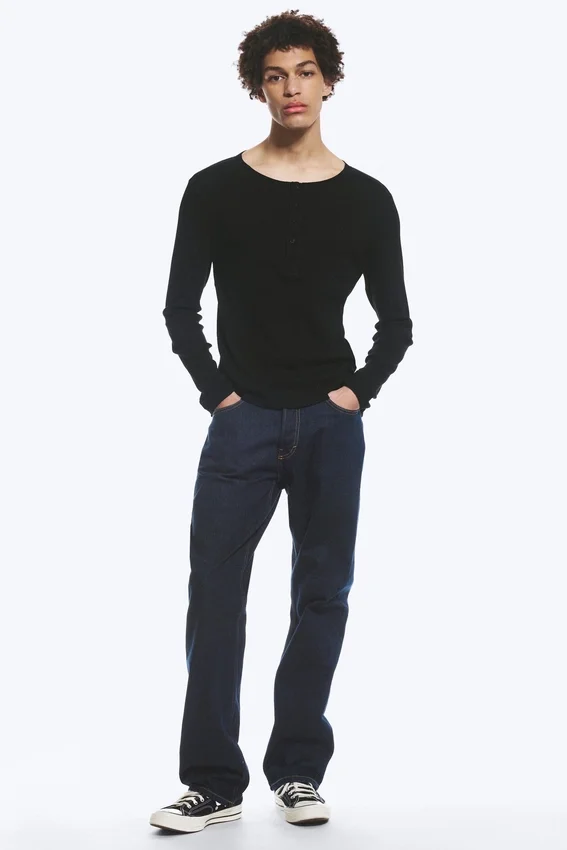 Long-Sleeved Henley T-Shirt – Black Long-Sleeved Henley T-Shirt – Black