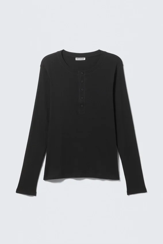 Long-Sleeved Henley T-Shirt – Black Long-Sleeved Henley T-Shirt – Black