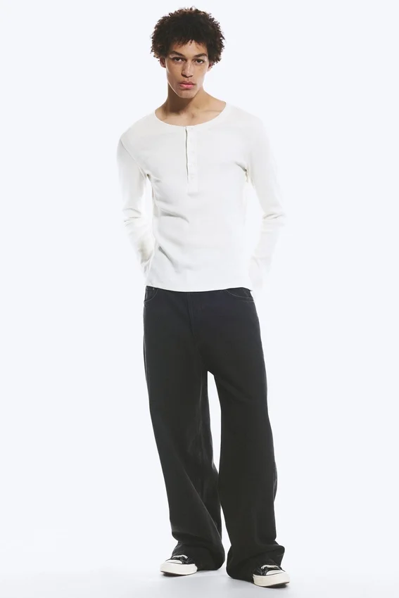 Long-Sleeved Henley T-Shirt – Dusty White Long-Sleeved Henley T-Shirt – Dusty White