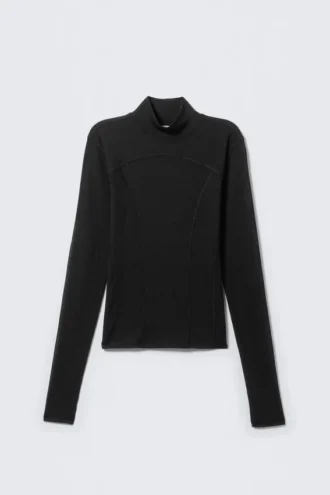 Long-Sleeved Mesh Mock-Neck Top – Black