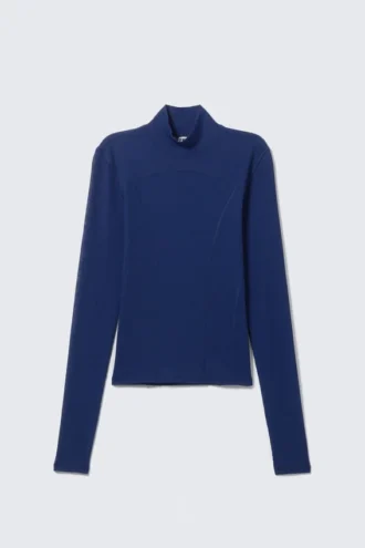 Long-Sleeved Mesh Mock-Neck Top – Bright Blue