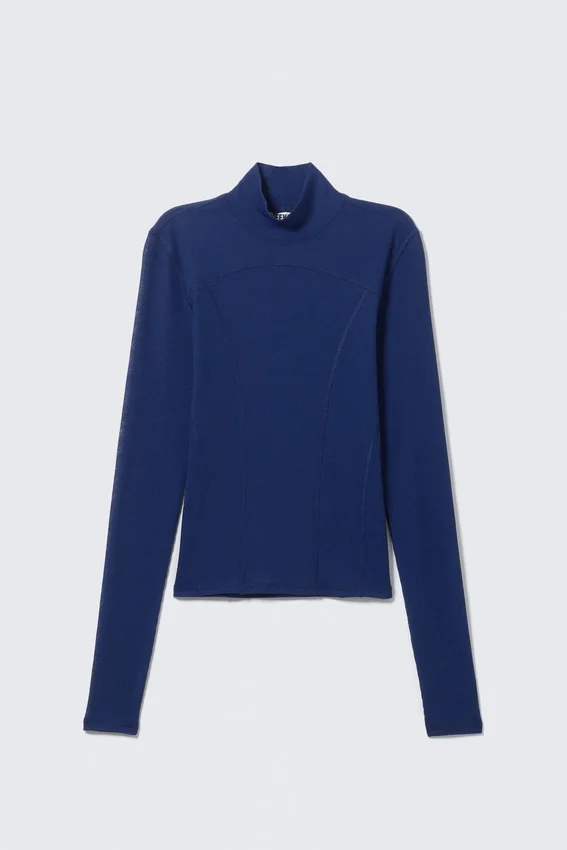 Long-Sleeved Mesh Mock-Neck Top – Bright Blue Long-Sleeved Mesh Mock-Neck Top – Bright Blue