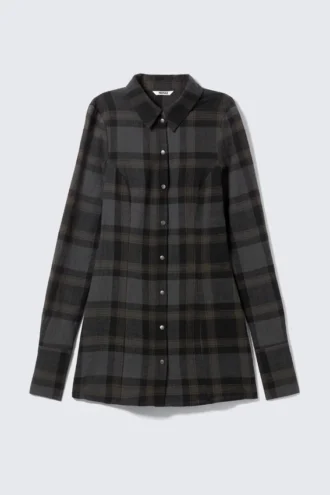 Long-Sleeved Mini Shirt-Dress – Dark Grey Check