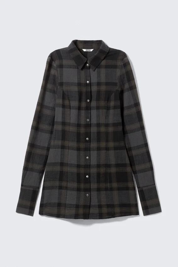 Long-Sleeved Mini Shirt-Dress – Dark Grey Check Long-Sleeved Mini Shirt-Dress – Dark Grey Check