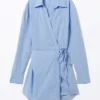 Long-Sleeved Mini Wrap Shirt Dress – Light Blue Pinstripe Long-Sleeved Mini Wrap Shirt Dress – Light Blue Pinstripe