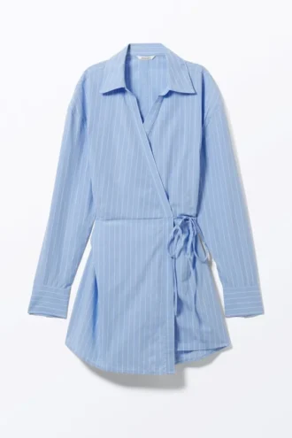 Long-Sleeved Mini Wrap Shirt Dress – Light Blue Pinstripe